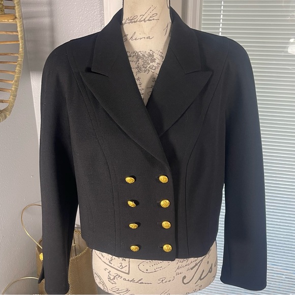 ESCADA Margaretha Ley Vtg 80’s Black Cropped Wool Gold Crest Button Jacket Sz 42 - Picture 3 of 16